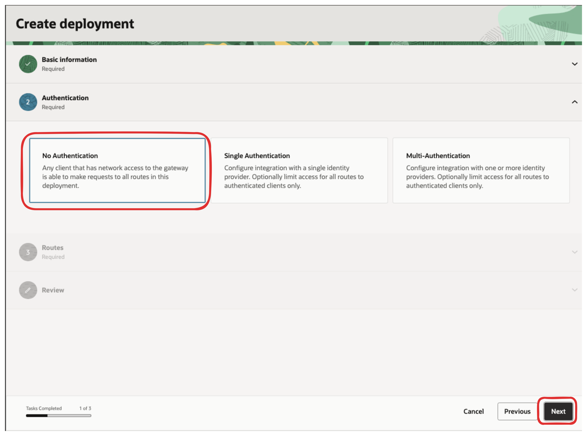 Create deployment Authentication step with No Authentication selected