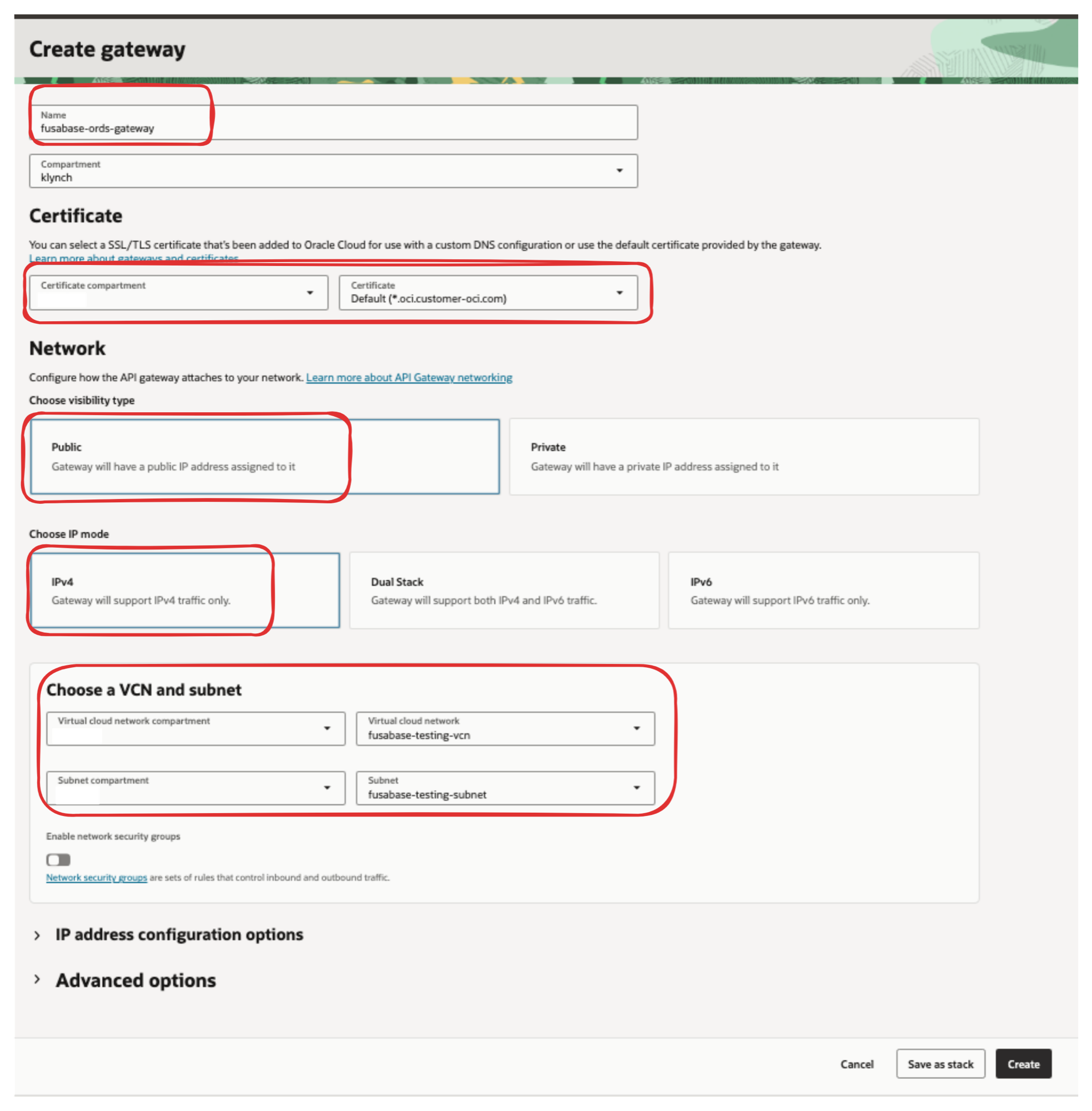 Completed Create gateway form with name, default certificate, public IPv4 visibility, VCN, and subnet