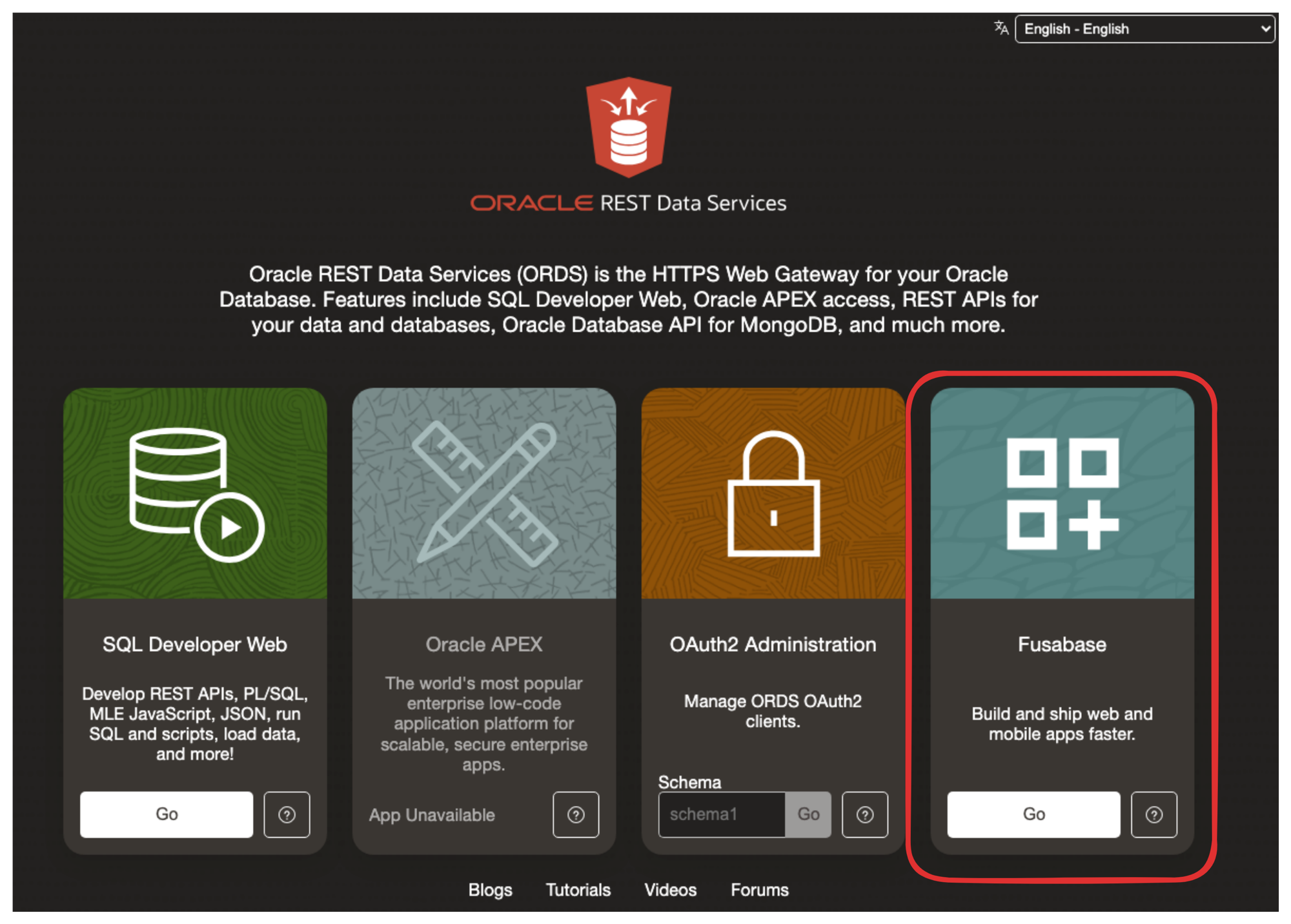 ORDS landing page accessed through the API Gateway