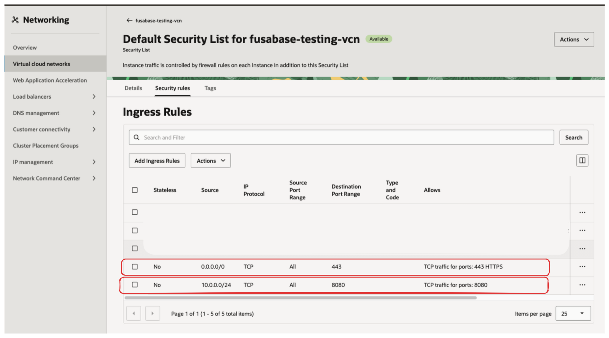 OCI security list ingress rules for the API Gateway and ORDS