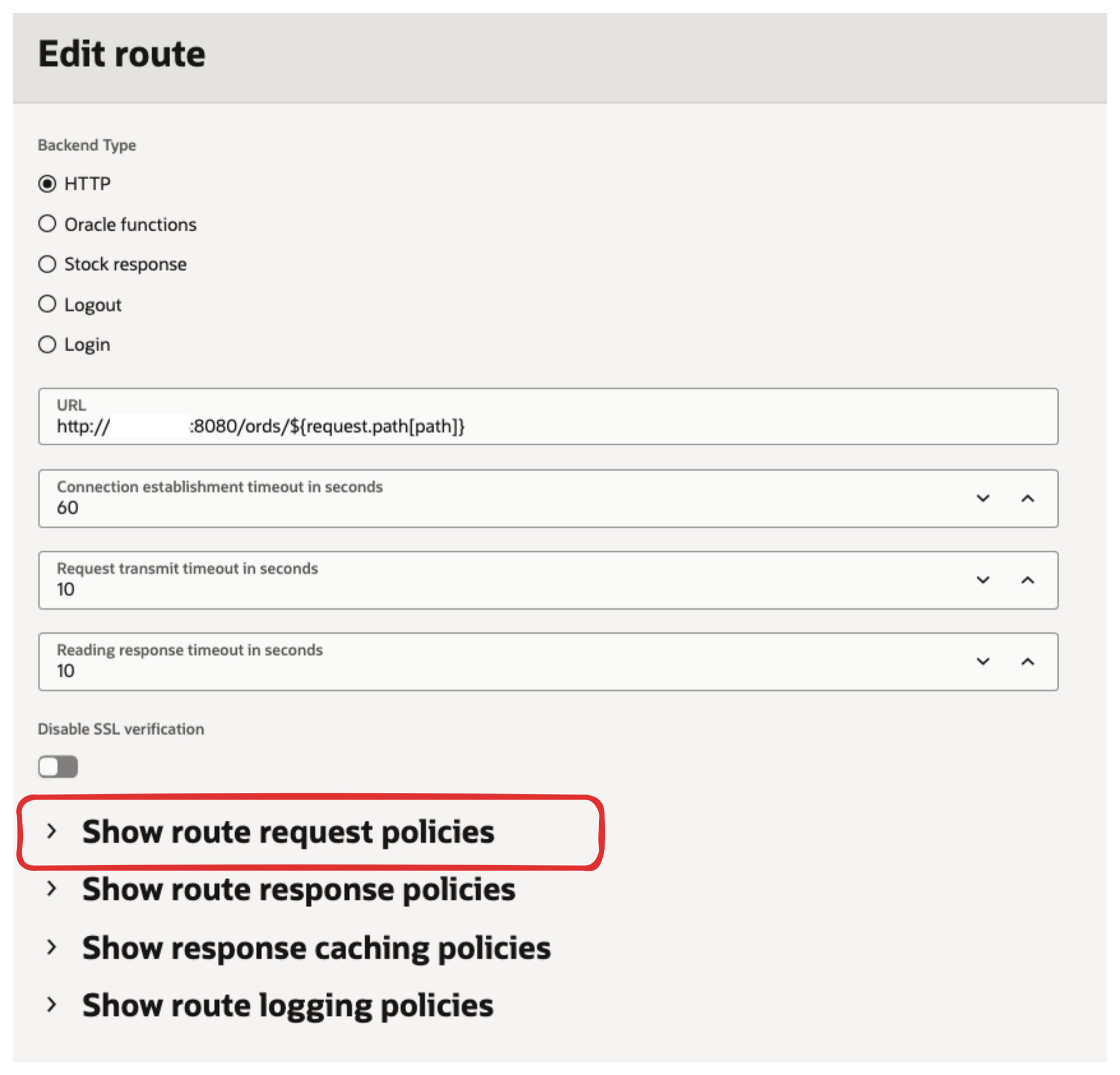 Edit route form with backend timeouts and Show route request policies highlighted